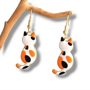 Cute Calico Cat Enamel Drop Earrings